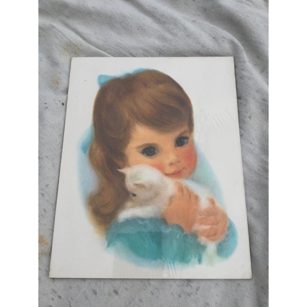 Vintage girl with white cat print brown hair hazel eyes 60s 14 x 11 MCM boho